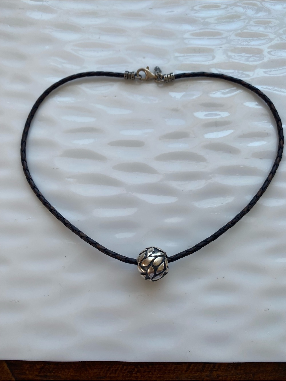 Sterling Silver Filigree Bead on Brown  Braided Cord Necklace - Picture 9 of 9